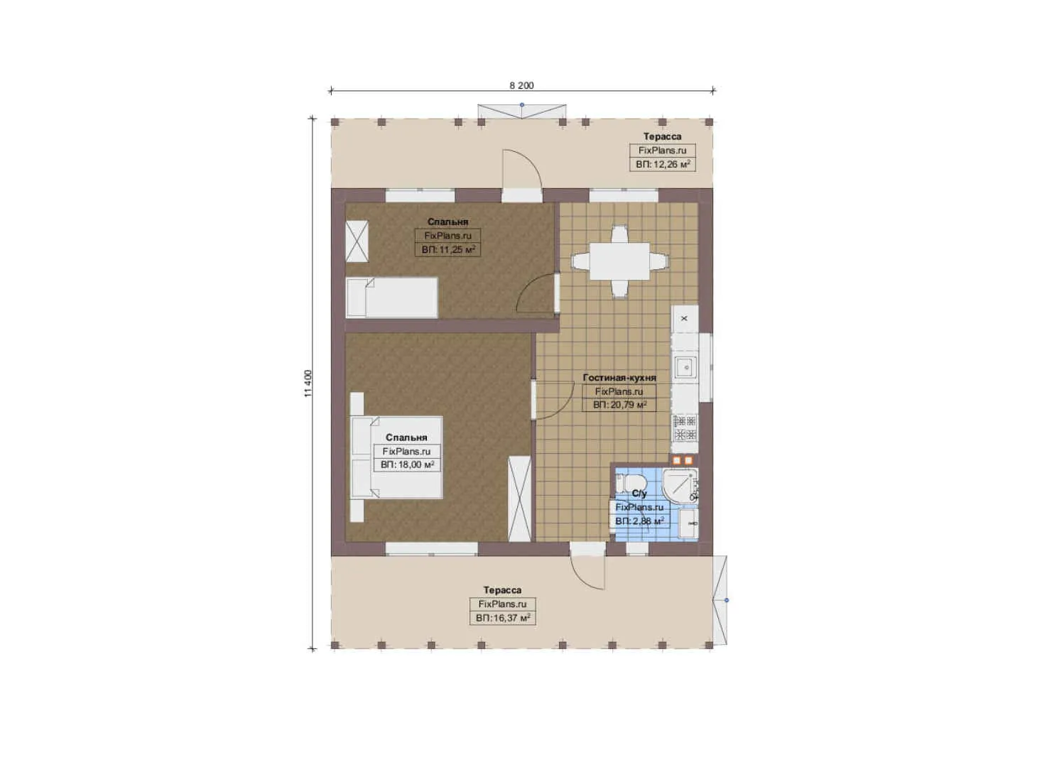 F-12653 - План одноэтажного дома 9 на 12, площадью 90 м² с террасой и 2 спальнями
