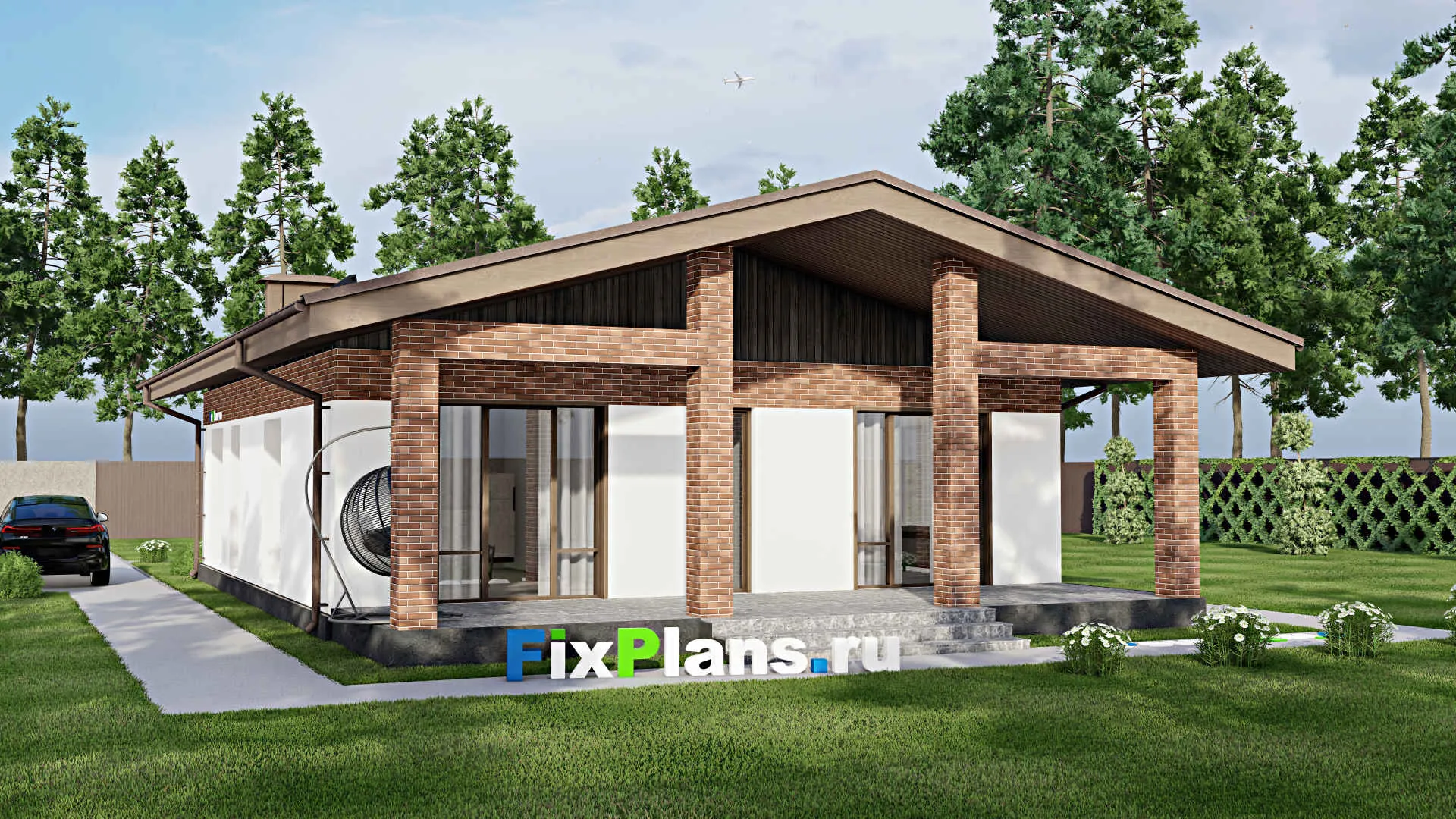 F-6128 - Проект одноэтажного дома 11 на 13, площадью 150 м² с террасой и 3 спальнями