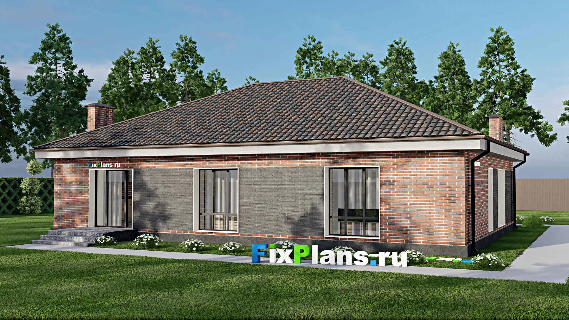 F-5858 - Проект одноэтажного дома 16 на 18, площадью 190 м² с гаражом на 2 машины и 3 спальнями