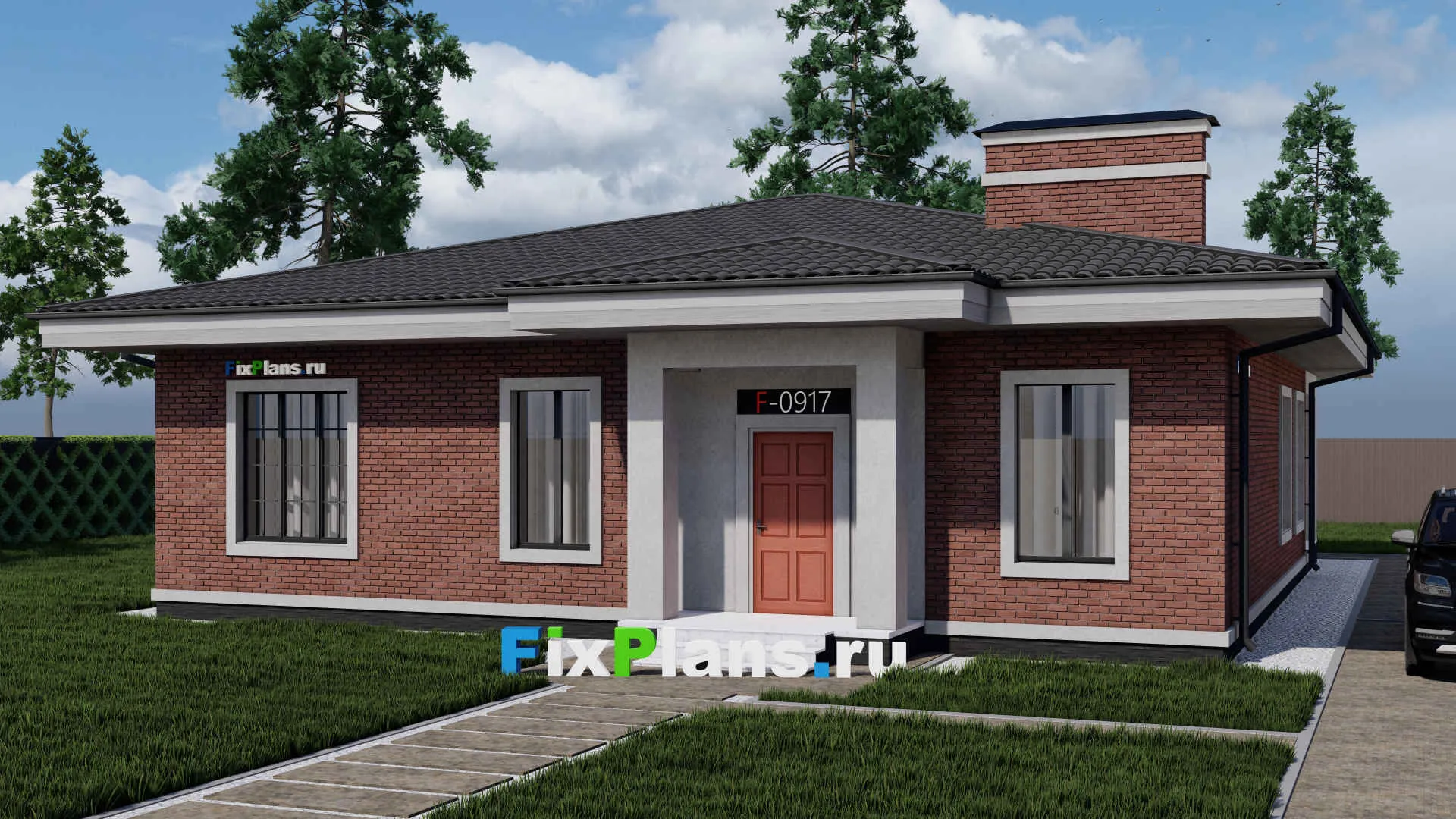 F-0917 - Проект одноэтажного дома 14 на 14, площадью 180 м² с террасой и 3 спальнями