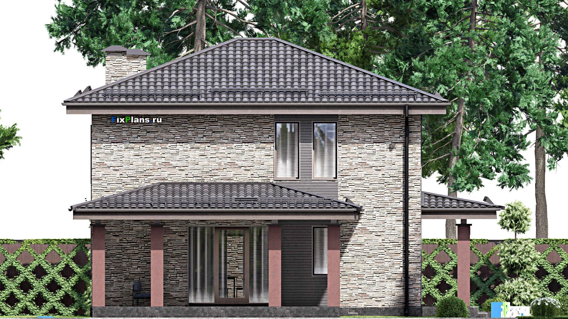 F-12491 - Планы двухэтажного дома 12 на 18, площадью 260 м² с террасой, балконом, гаражом на 1 машину и 3 спальнями