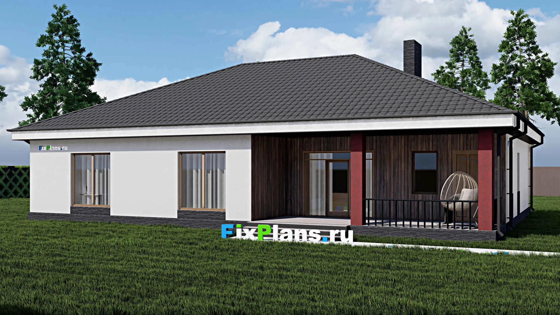 F-0296 - Проект одноэтажного дома 16 на 19, площадью 220 м² с террасой, гаражом на 2 машины и 2 спальнями