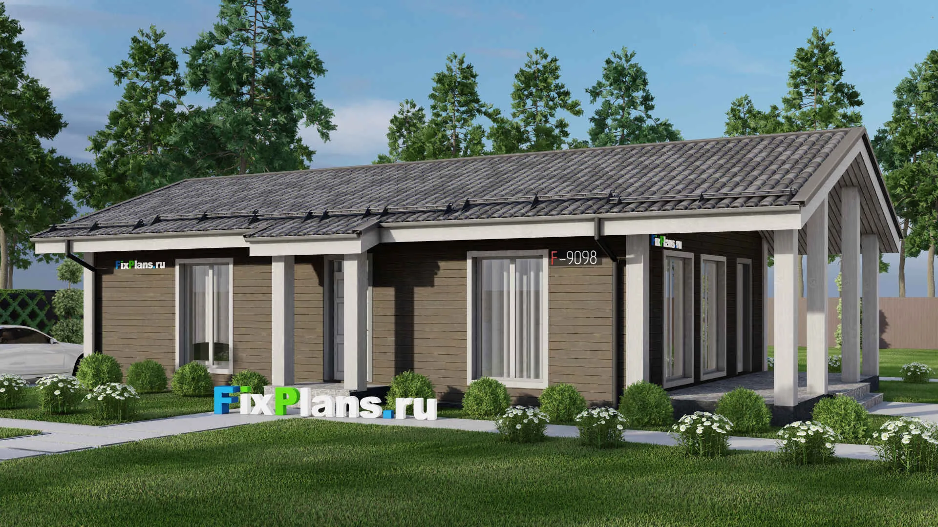 F-9098 - Проект одноэтажного дома 11 на 17, площадью 110 м² с террасой и 2 спальнями