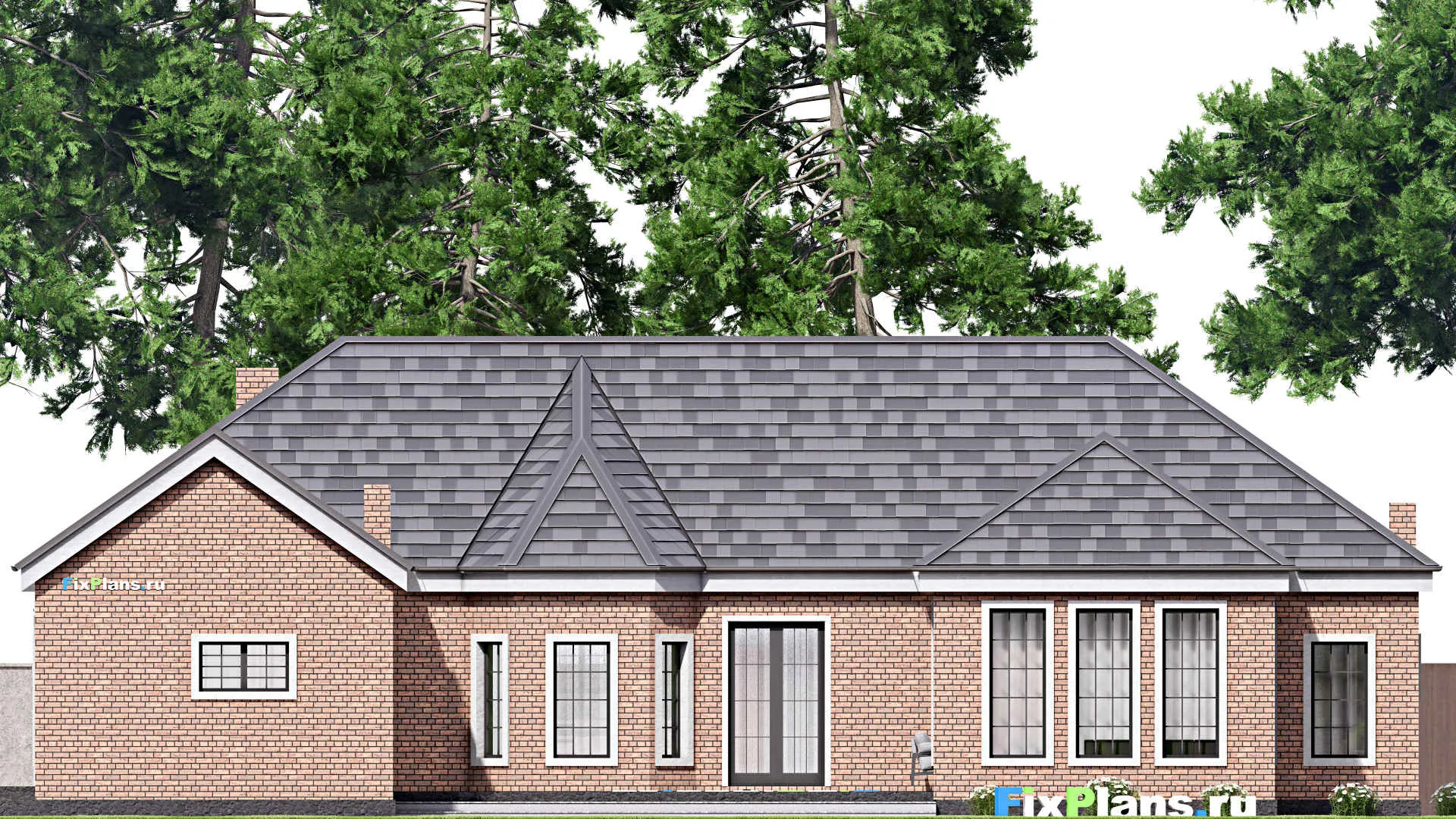 F-16937 - План одноэтажного дома 19 на 21, площадью 260 м² с террасой, гаражом на 2 машины и 3 спальнями