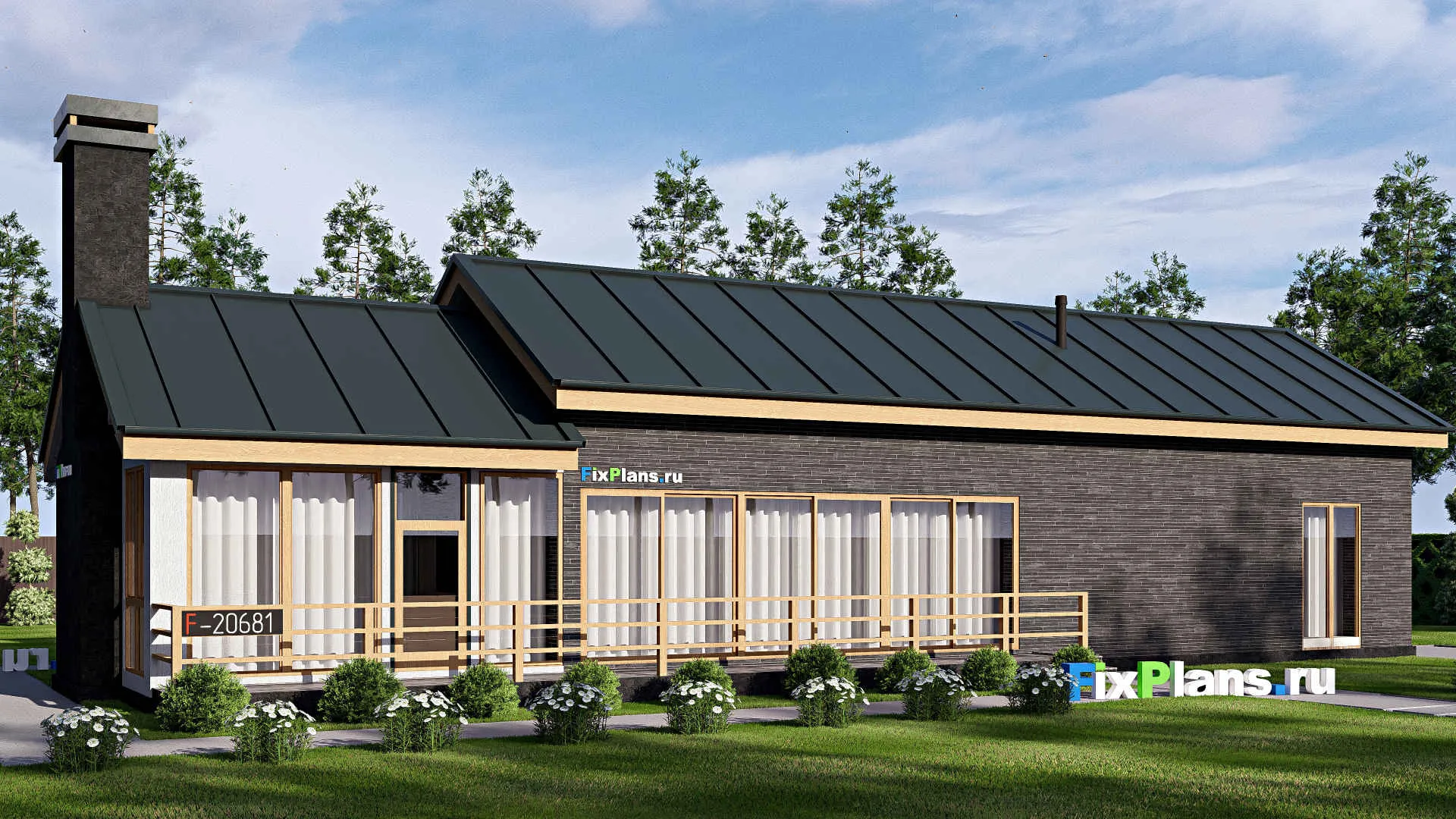 F-20681 - Проект одноэтажного дома 9 на 23, площадью 150 м² с террасой и 1 спальнями