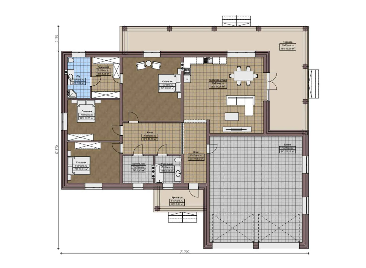F-4553 - План одноэтажного дома 18 на 22, площадью 310 м² с террасой, гаражом на 2 машины и 3 спальнями