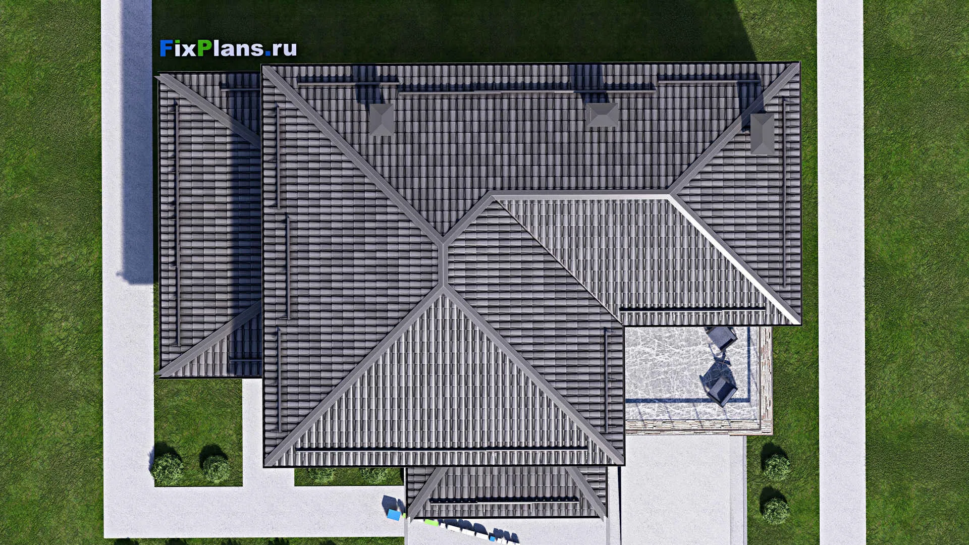 F-12491 - Планы двухэтажного дома 12 на 18, площадью 260 м² с террасой, балконом, гаражом на 1 машину и 3 спальнями