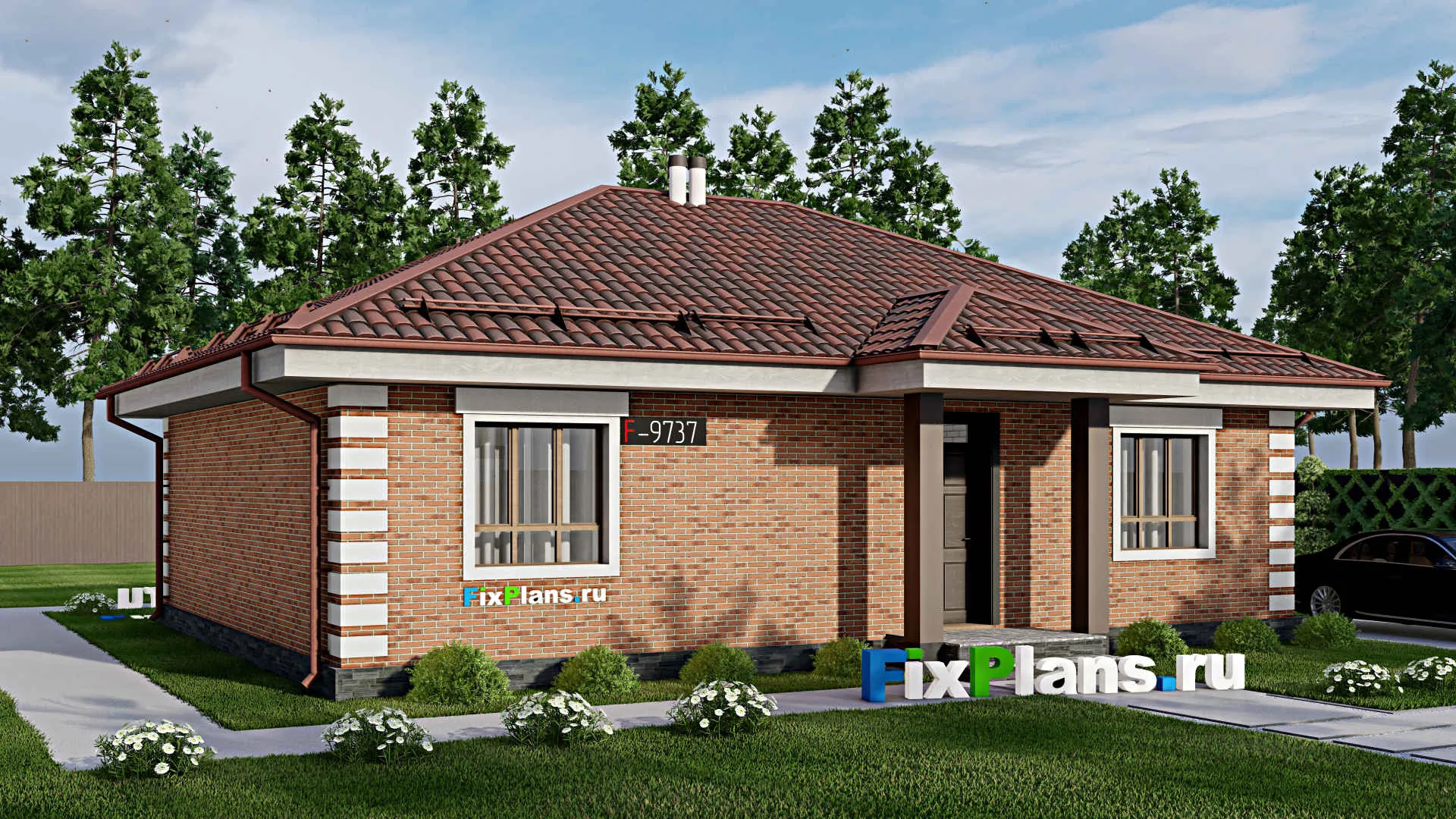 F-9737 - Проект одноэтажного дома 11 на 13, площадью 100 м² с 3 спальнями