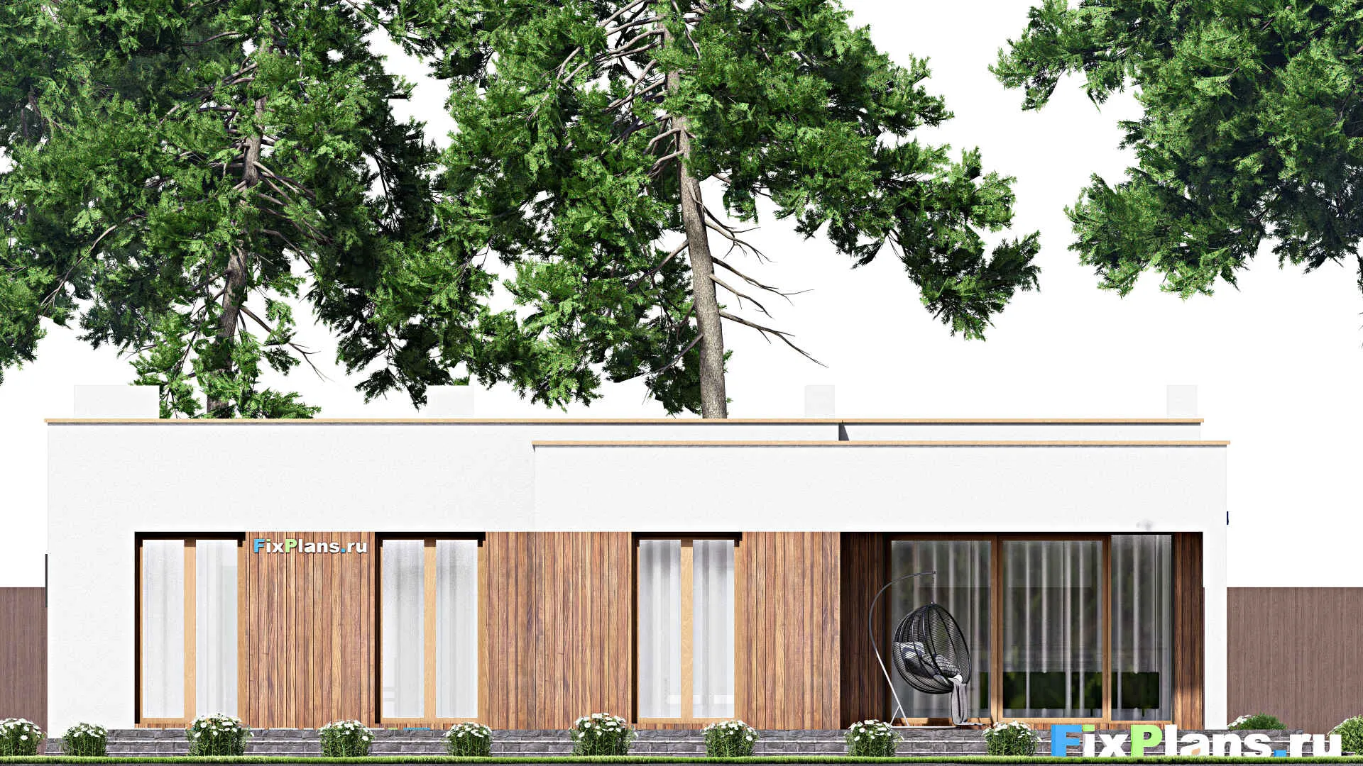 F-15839 - Проект одноэтажного дома 17 на 17, площадью 230 м² с террасой, гаражом на 2 машины и 3 спальнями