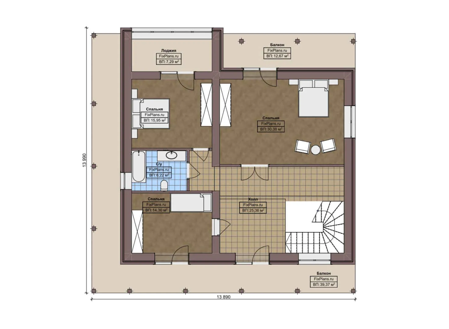 F-8558 - Планы двухэтажного дома 13 на 14, площадью 270 м² с террасой, балконом и 5 спальнями