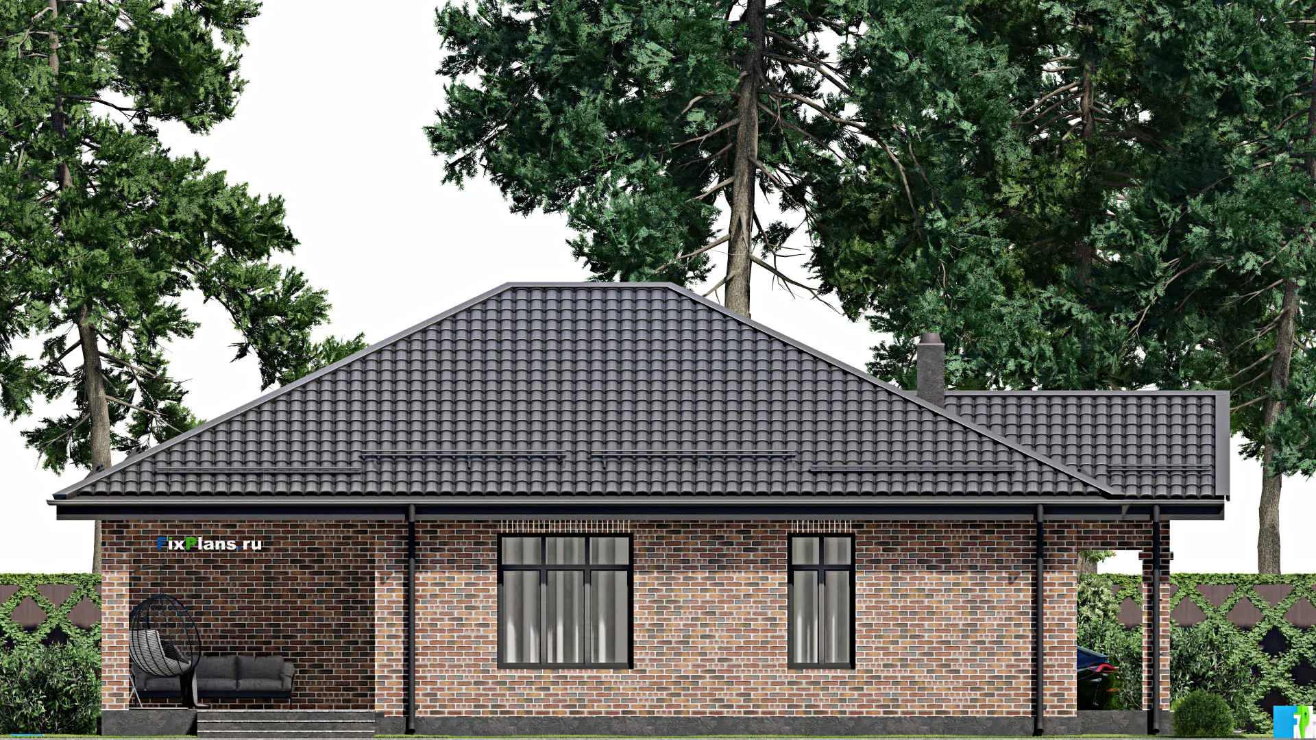 F-2879 - Проект одноэтажного дома 12 на 15, площадью 140 м² с террасой, баней и 2 спальнями