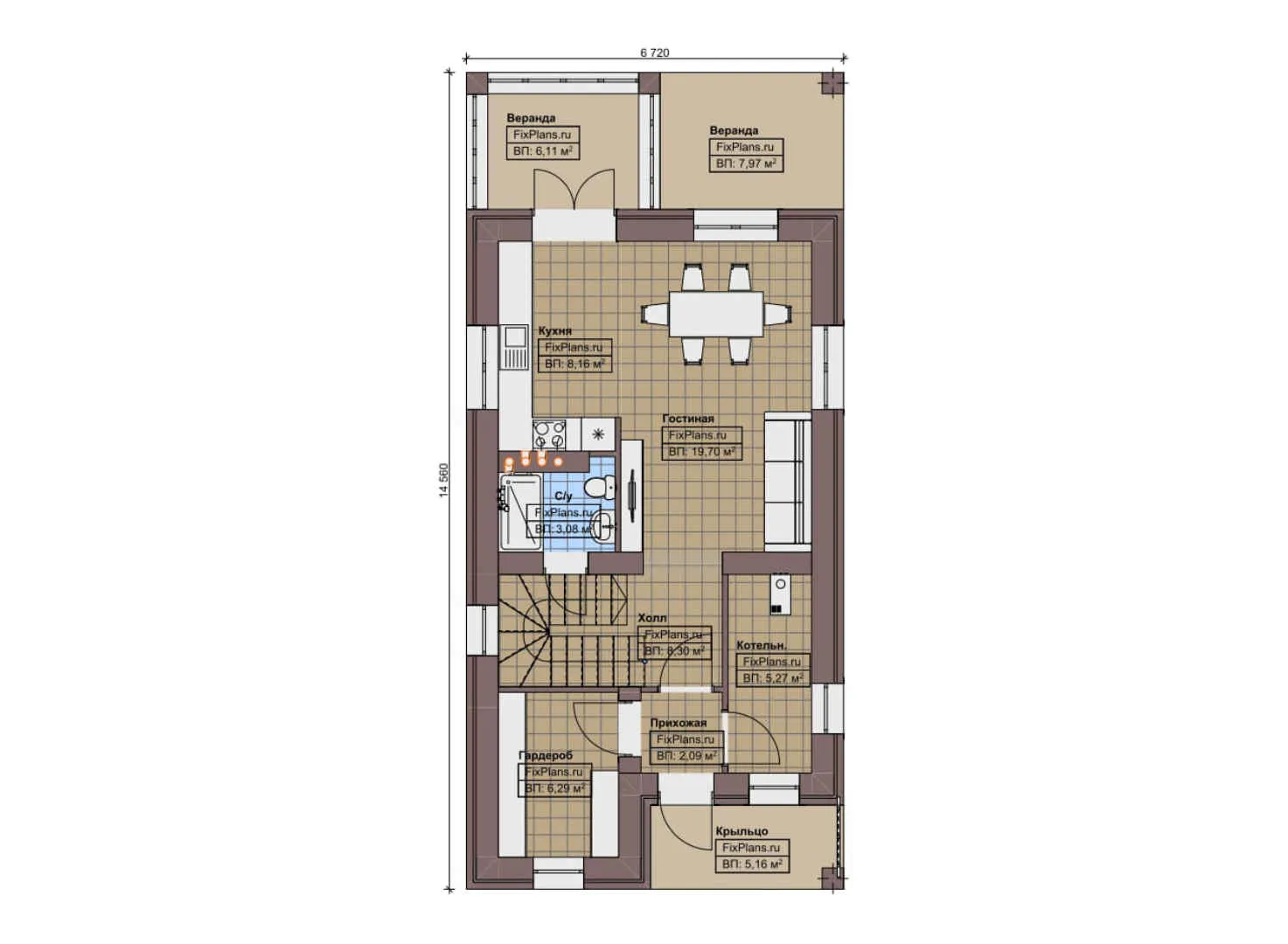 F-4382 - Планы двухэтажного дома 7 на 15, площадью 130 м² с террасой, балконом и 3 спальнями