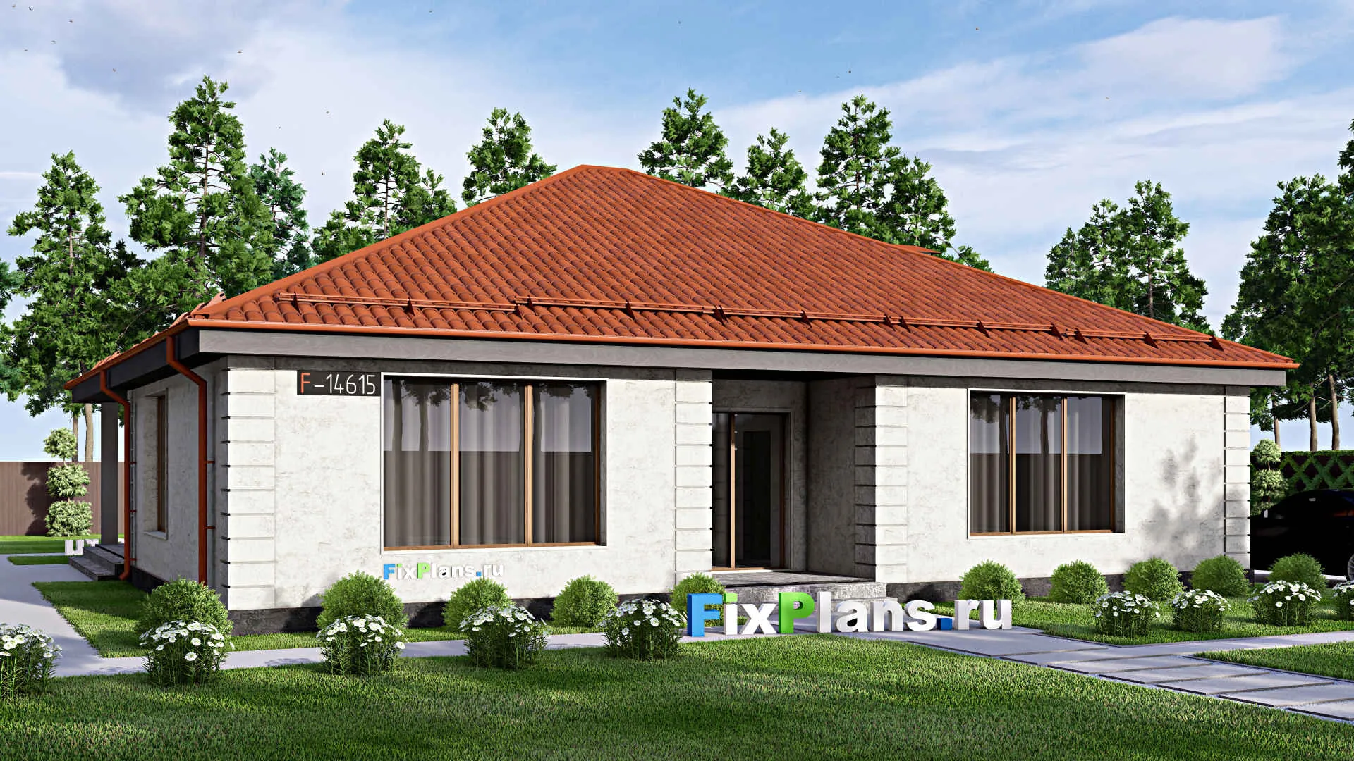 F-14615 - Проект одноэтажного дома 16 на 17, площадью 200 м² с террасой и 3 спальнями