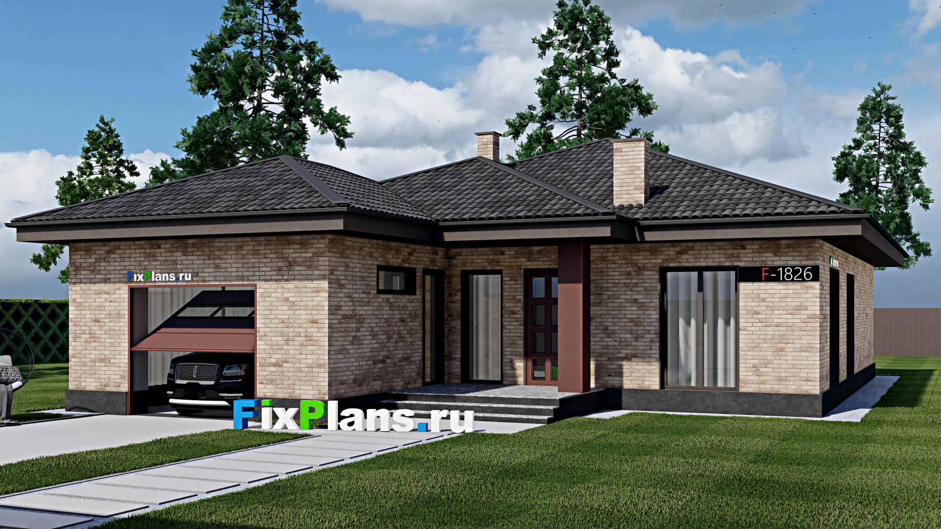 F-1826 - Проект одноэтажного дома 14 на 19, площадью 160 м² с гаражом на 1 машину и 3 спальнями