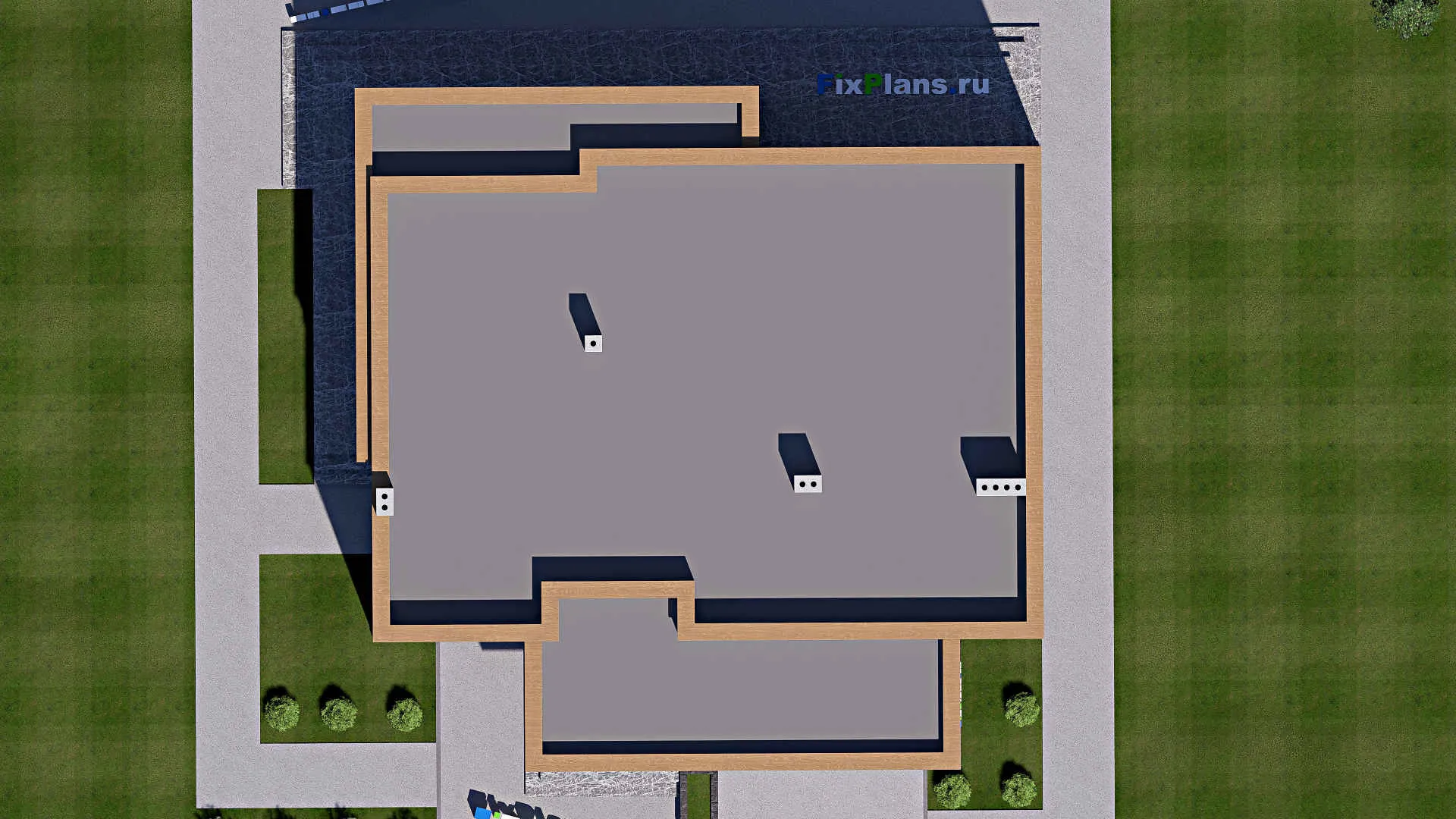 F-15839 - Проект одноэтажного дома 17 на 17, площадью 230 м² с террасой, гаражом на 2 машины и 3 спальнями