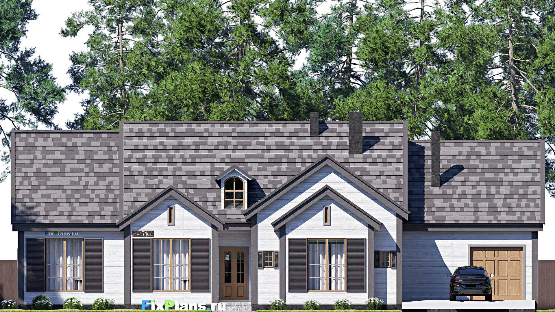 F-17144 - Проект дома с мансардой 21 на 25, площадью 300 м² с террасой, гаражом на 2 машины и 4 спальнями