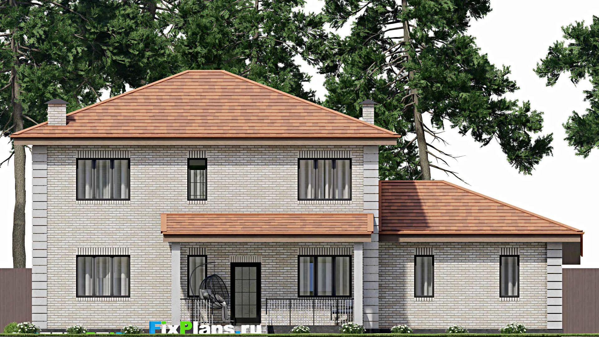 F-12365 - Проект двухэтажного дома 15 на 19, площадью 260 м² с террасой, гаражом на 1 машину и 4 спальнями