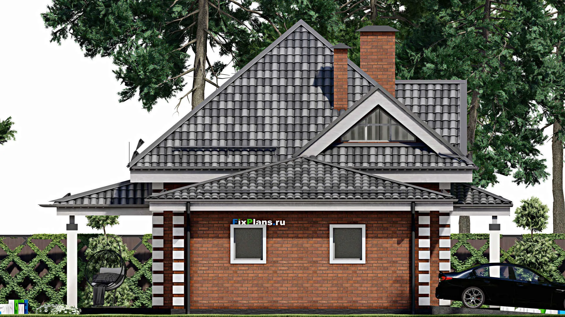 F-5282 - Проект дома с мансардой 13 на 14, площадью 150 м² с террасой, гаражом на 1 машину и 4 спальнями