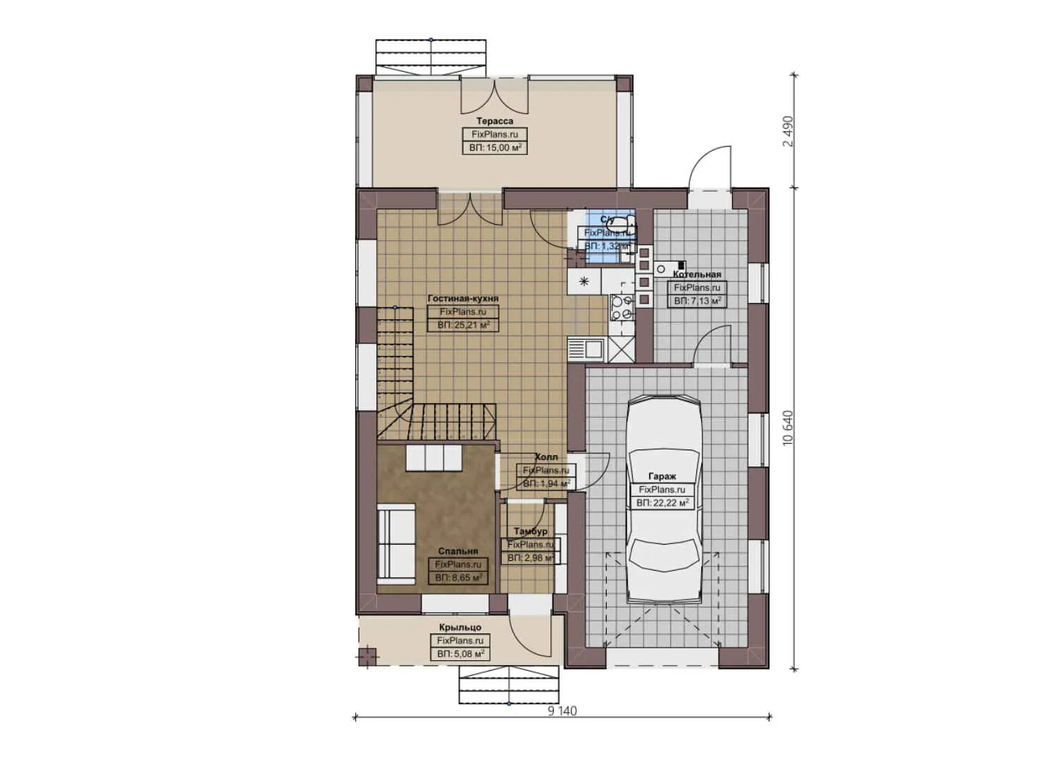 F-2393 - Планы дома с мансардой 10 на 11, площадью 160 м² с террасой, гаражом на 1 машину и 4 спальнями