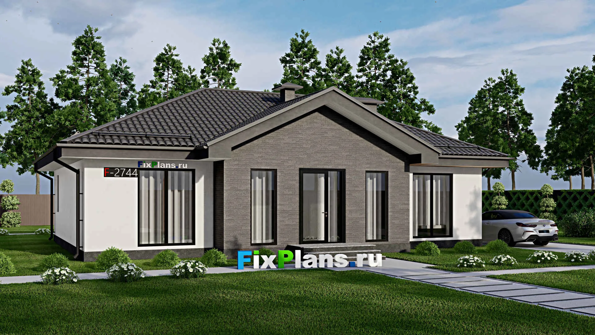 F-2744 - Проект одноэтажного дома 14 на 15, площадью 160 м² с террасой и 3 спальнями