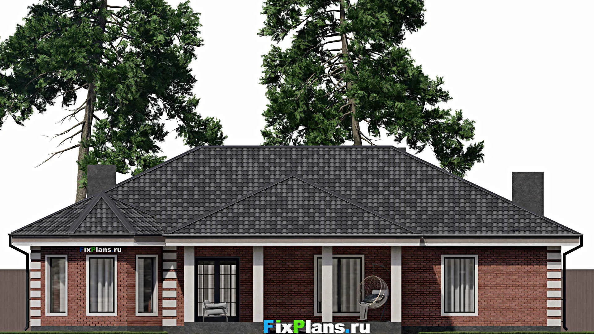 F-1358 - План одноэтажного дома 13 на 20, площадью 240 м² с террасой, гаражом на 1 машину и 2 спальнями