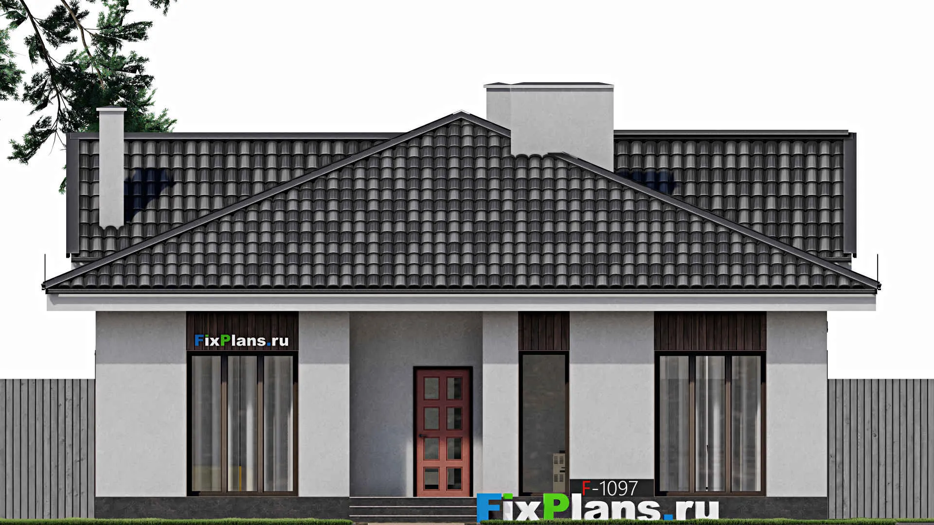 F-1097 - Проект одноэтажного дома 11 на 12, площадью 110 м² с террасой и 3 спальнями