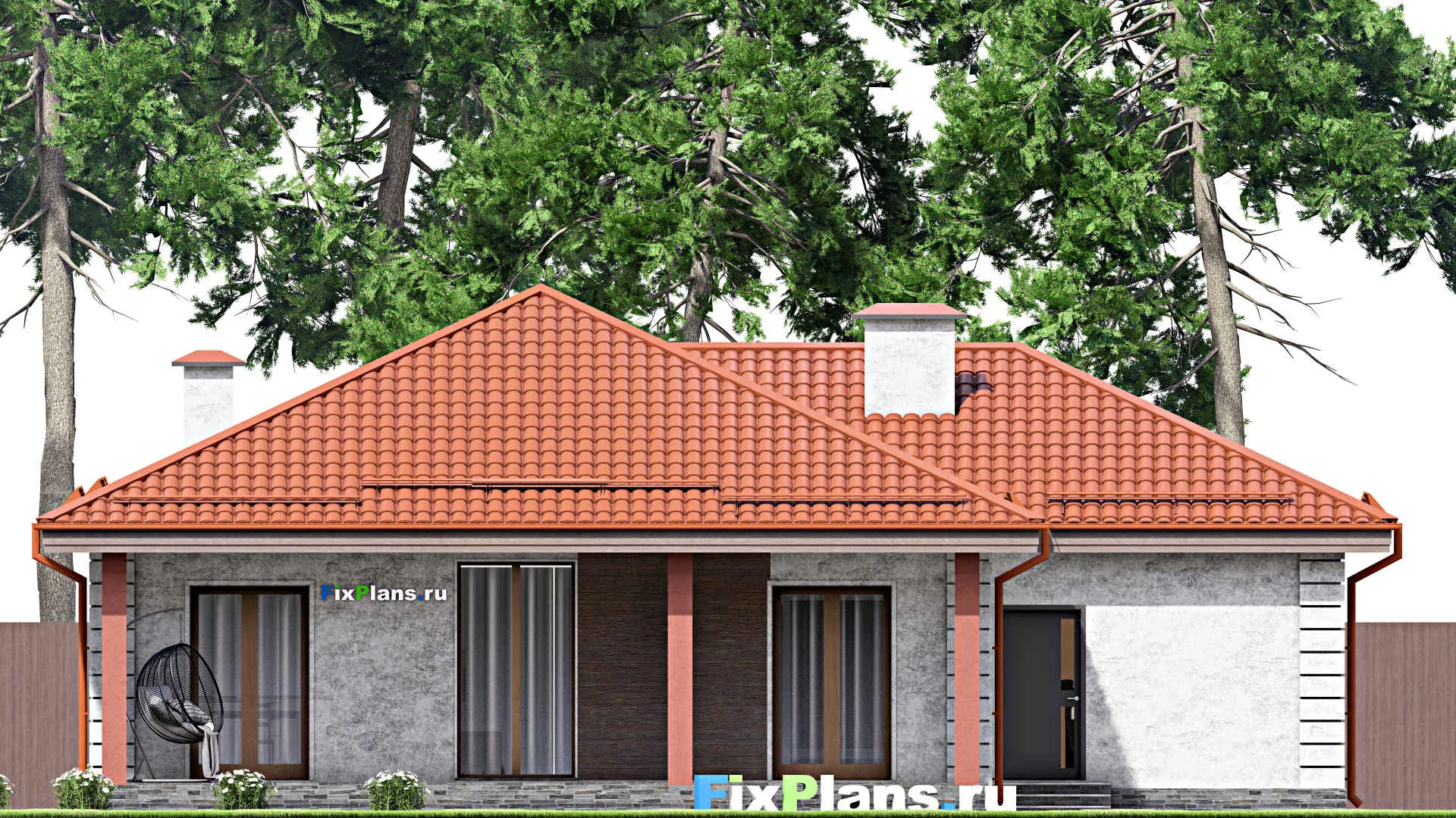 F-13877 - Проект одноэтажного дома 16 на 16, площадью 170 м² с террасой, гаражом на 1 машину и 3 спальнями