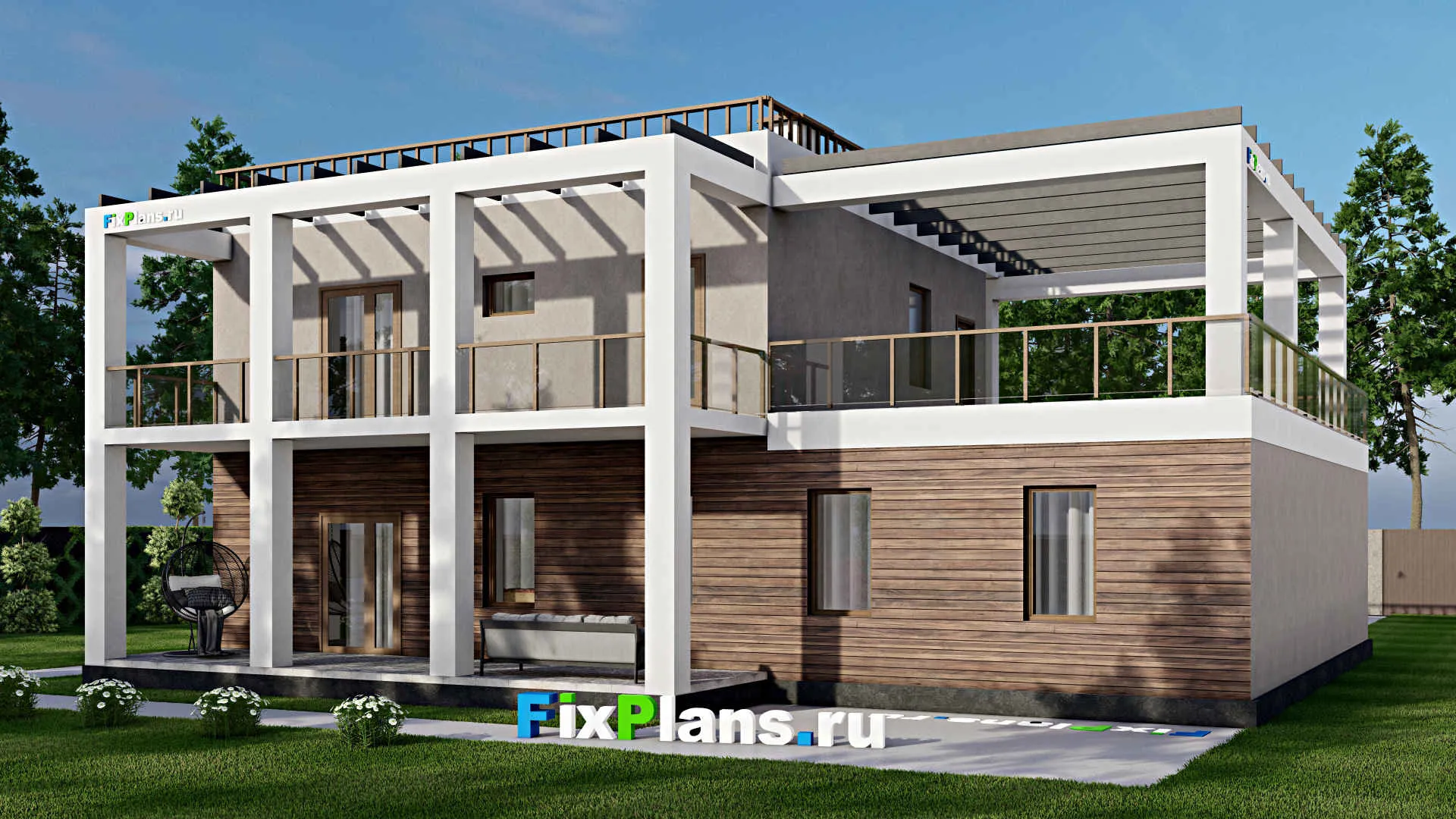 F-6164 - Проект двухэтажного дома 15 на 16, площадью 330 м² с террасой, гаражом на 2 машины и 4 спальнями