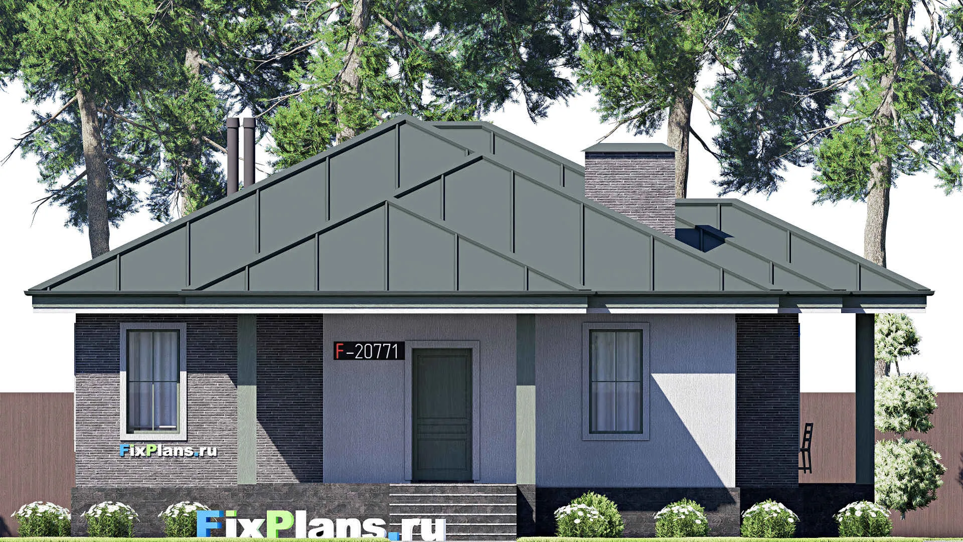 F-20771 - Проект одноэтажного дома 13 на 15, площадью 120 м² с террасой и 3 спальнями