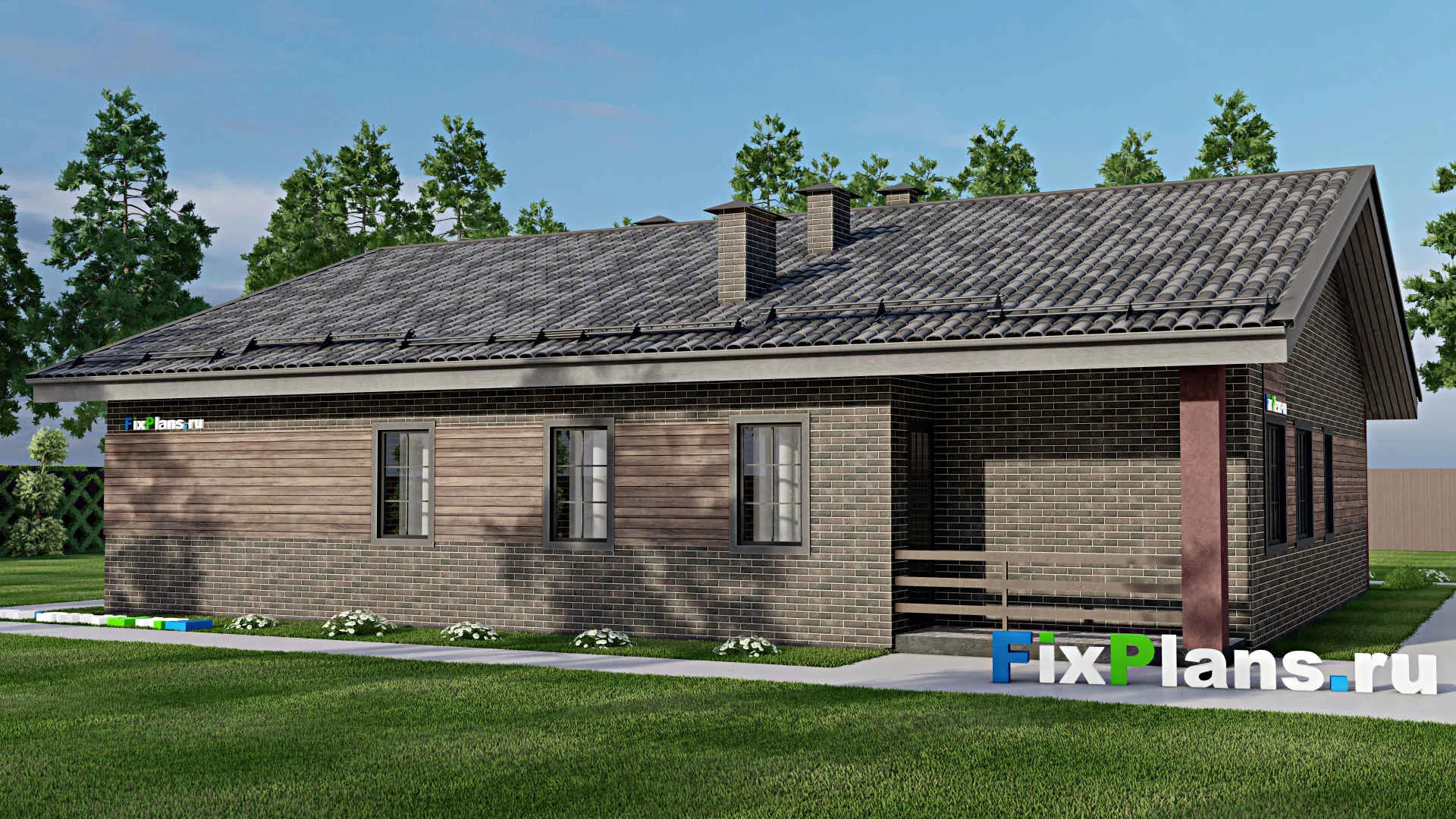 F-7019 - Проект одноэтажного дома 15 на 17, площадью 200 м² с террасой и 3 спальнями