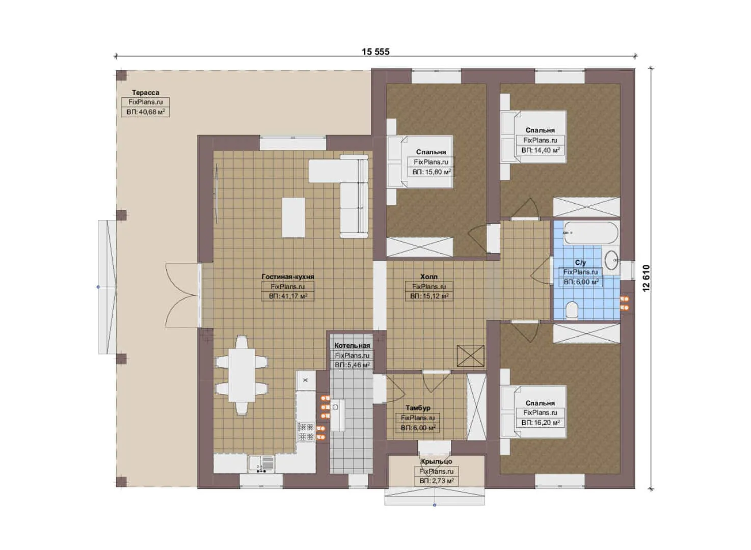 F-17450 - План одноэтажного дома 13 на 16, площадью 170 м² с террасой и 3 спальнями