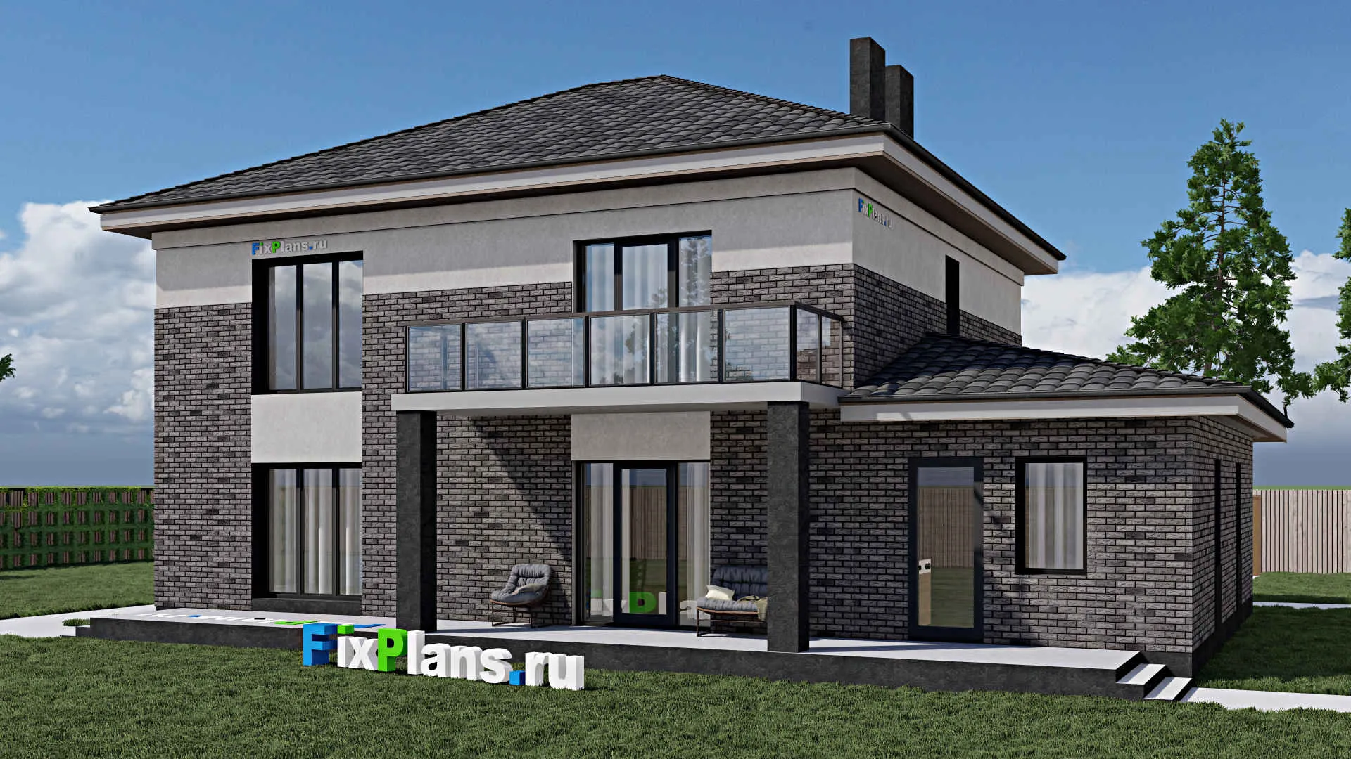 F-1142 - Проект двухэтажного дома 11 на 17, площадью 270 м² с террасой, балконом, гаражом на 1 машину и 4 спальнями