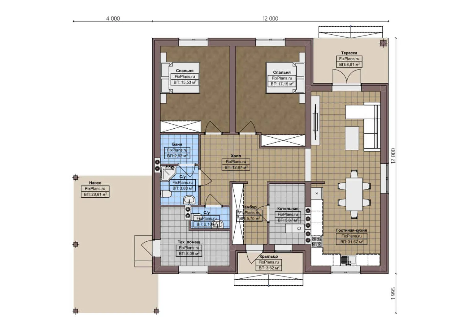 F-3509 - План одноэтажного дома 12 на 12, площадью 150 м² с террасой, баней и 2 спальнями