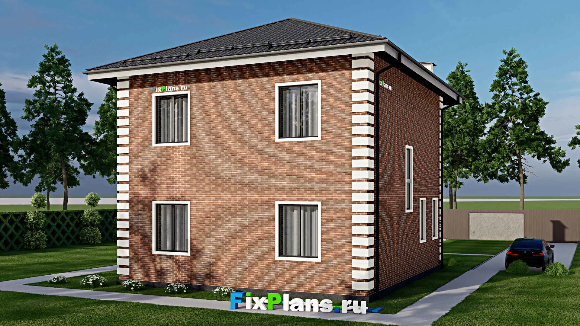 F-4517 - Проект двухэтажного дома 11 на 11, площадью 200 м² с террасой и 4 спальнями