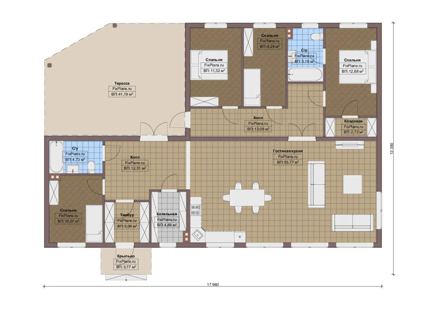 F-13508 - План одноэтажного дома 14 на 18, площадью 190 м² с террасой и 4 спальнями