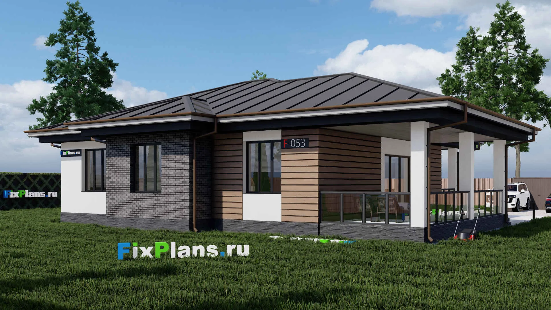 F-0053 - Проект одноэтажного дома 16 на 17, площадью 180 м² с террасой и 5 спальнями