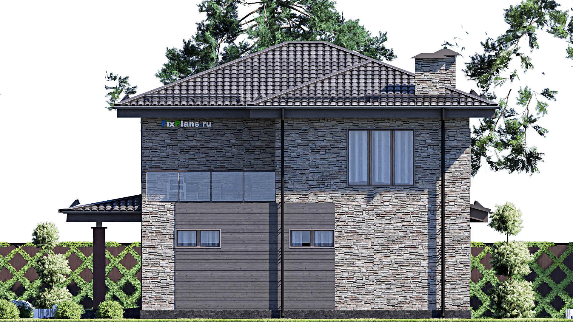 F-12491 - Планы двухэтажного дома 12 на 18, площадью 260 м² с террасой, балконом, гаражом на 1 машину и 3 спальнями