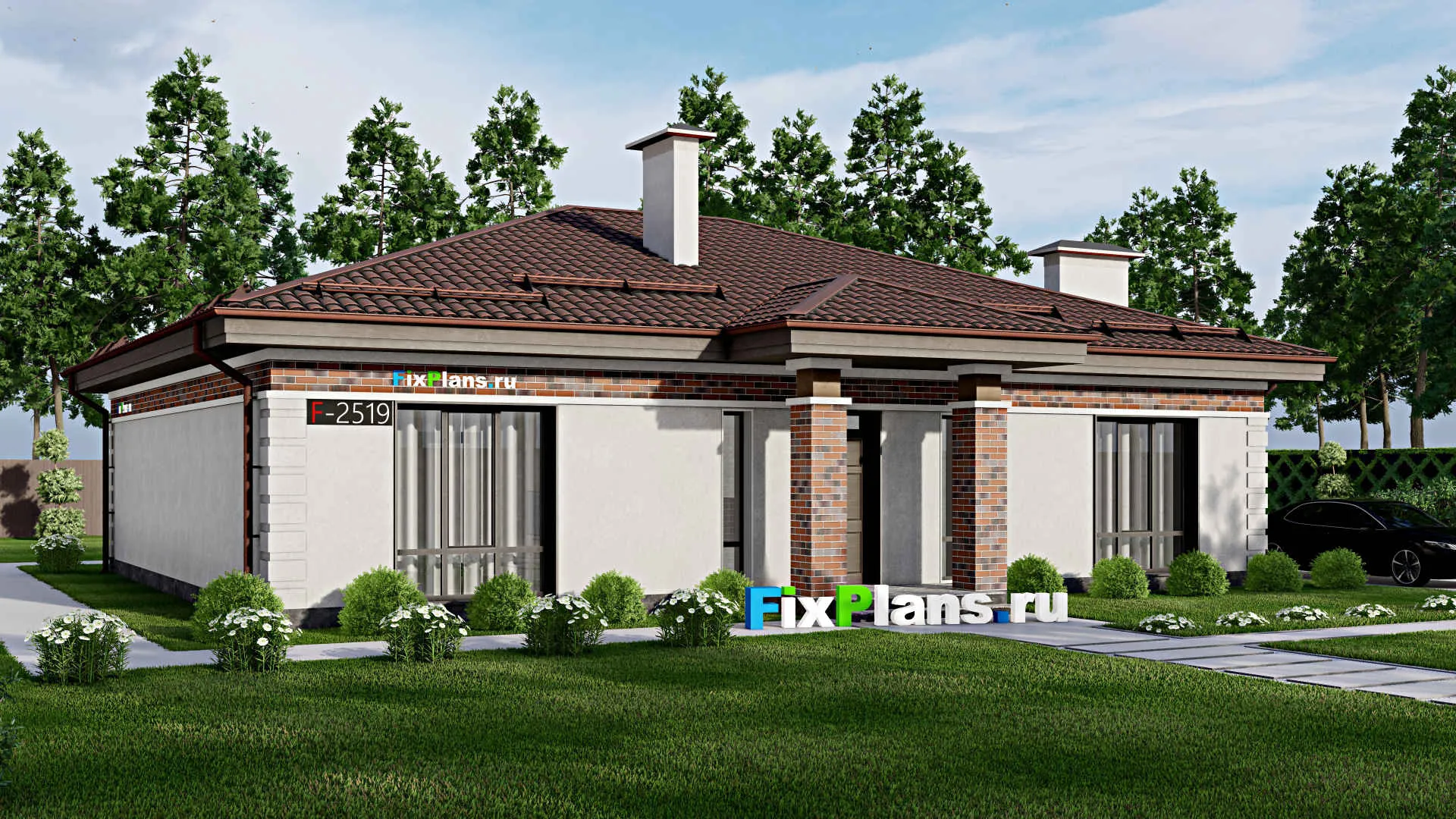 F-2519 - Проект одноэтажного дома 13 на 16, площадью 170 м² с террасой и 4 спальнями