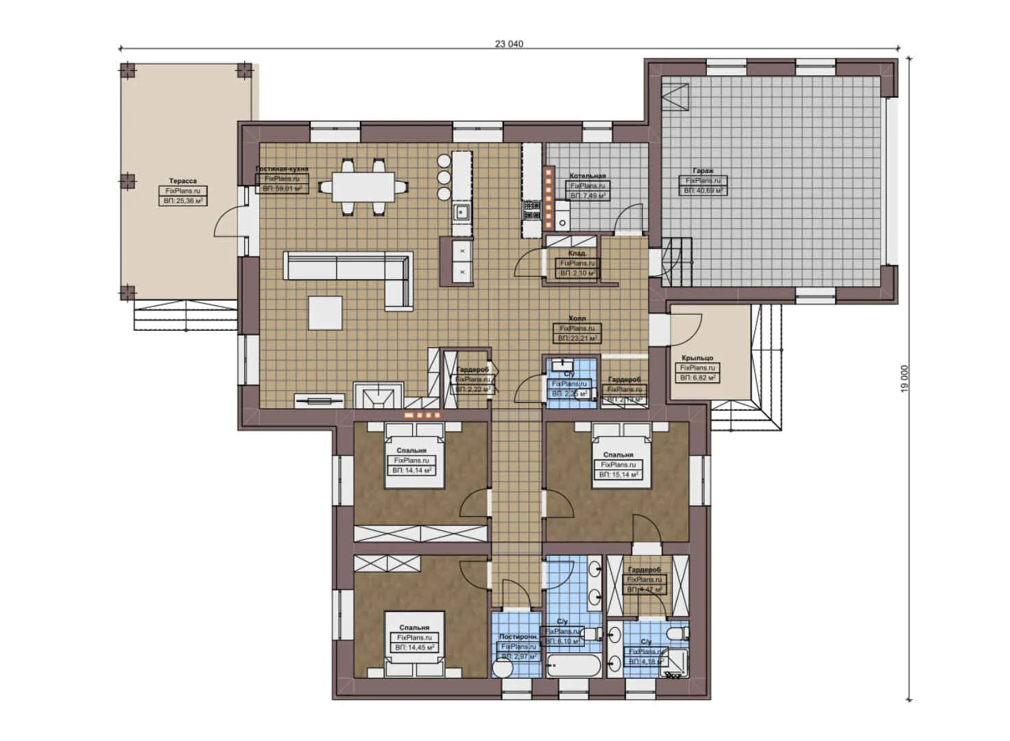 F-9026 - План одноэтажного дома 19 на 24, площадью 240 м² с террасой, гаражом на 2 машины и 3 спальнями