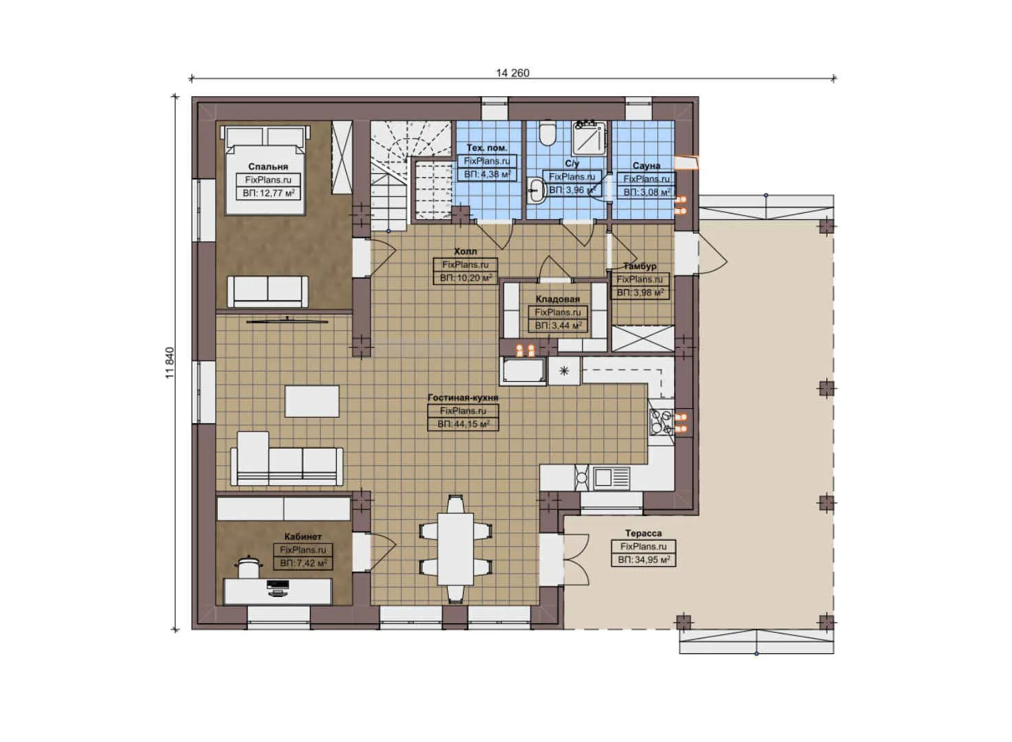 F-12239 - Планы двухэтажного дома 12 на 15, площадью 210 м² с 5 спальнями