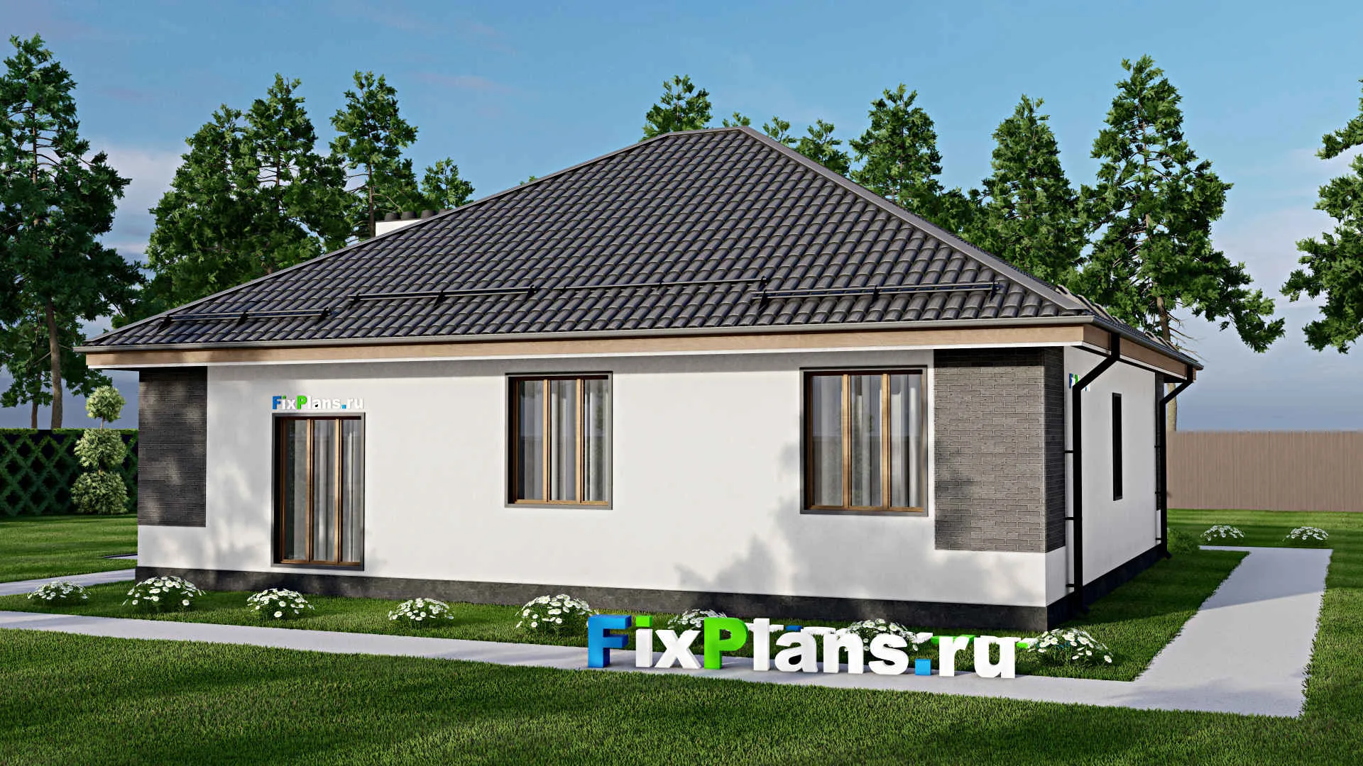 F-4319 - Проект одноэтажного дома 12 на 14, площадью 140 м² с террасой и 3 спальнями