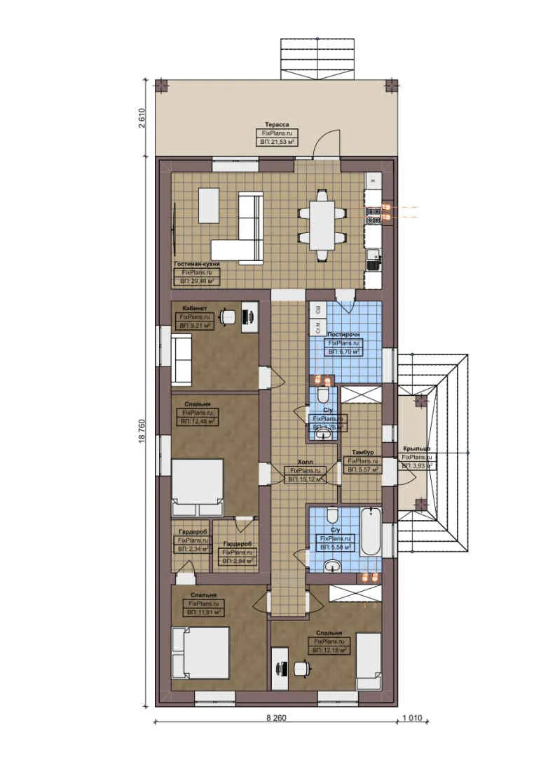 F-6875 - План одноэтажного дома 9 на 19, площадью 150 м² с террасой и 3 спальнями