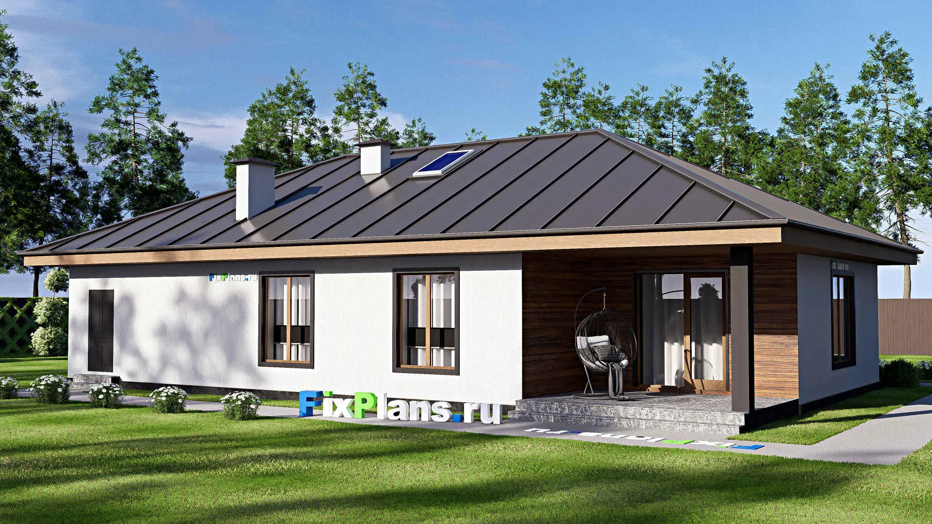 F-17909 - Проект одноэтажного дома 11 на 19, площадью 160 м² с террасой, гаражом на 2 машины и 3 спальнями