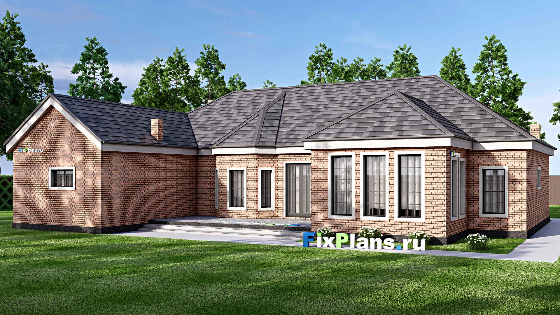 F-16937 - План одноэтажного дома 19 на 21, площадью 260 м² с террасой, гаражом на 2 машины и 3 спальнями