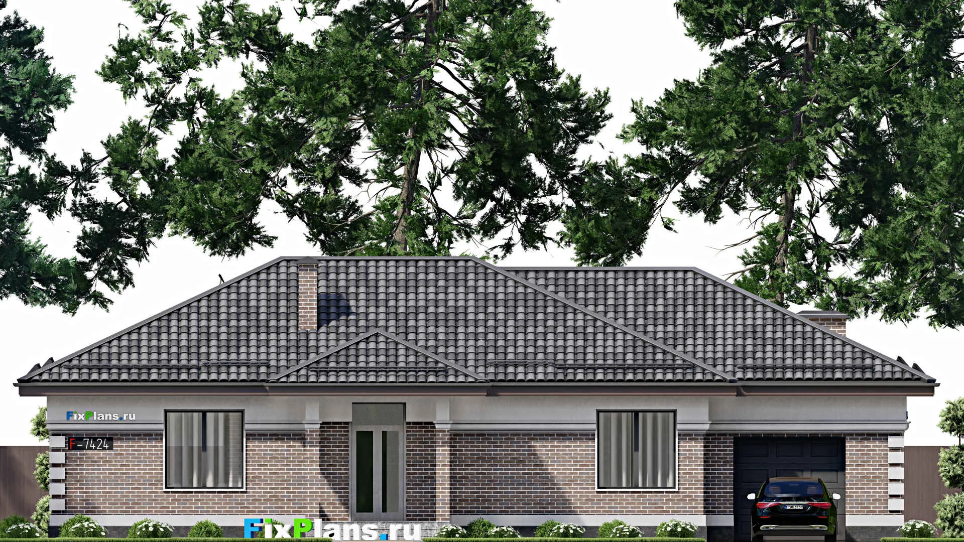 F-7424 - Проект одноэтажного дома 14 на 19, площадью 170 м² с террасой, гаражом на 1 машину и 2 спальнями