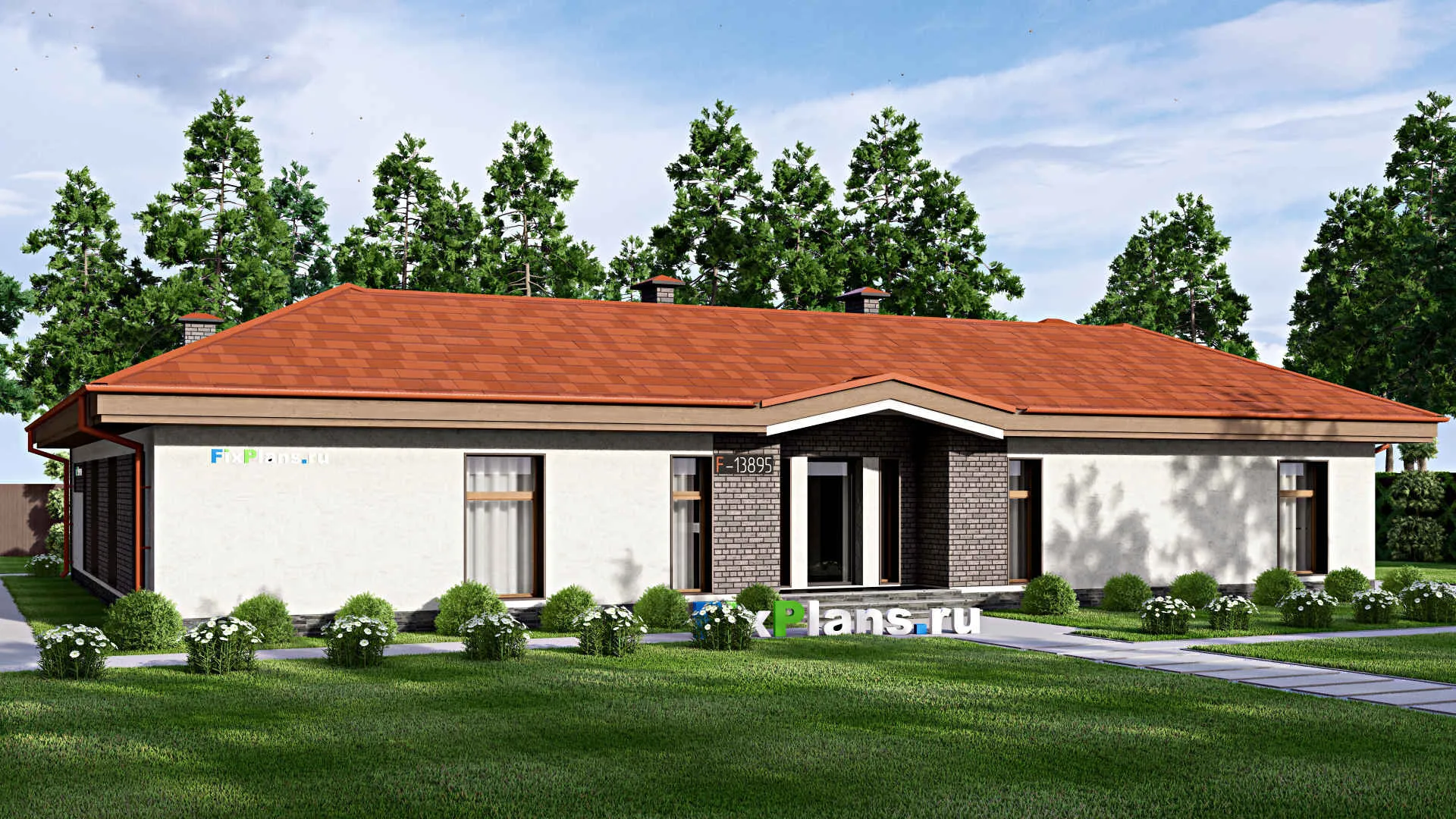 F-13895 - Проект одноэтажного дома 16 на 22, площадью 250 м² с террасой, баней и 3 спальнями