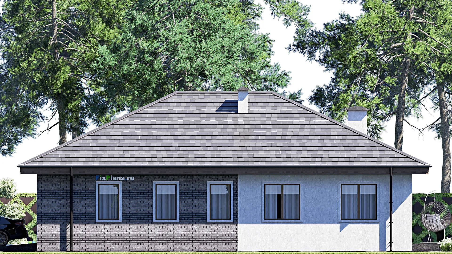 F-17549 - Проект одноэтажного дома 18 на 24, площадью 270 м² с террасой, баней, гаражом на 2 машины и 3 спальнями