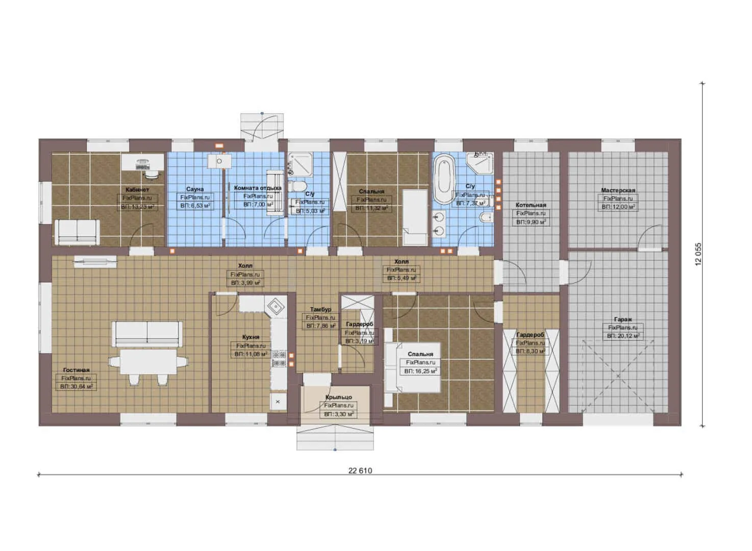 F-14030 - План одноэтажного дома 13 на 23, площадью 190 м² с баней, гаражом на 1 машину и 2 спальнями