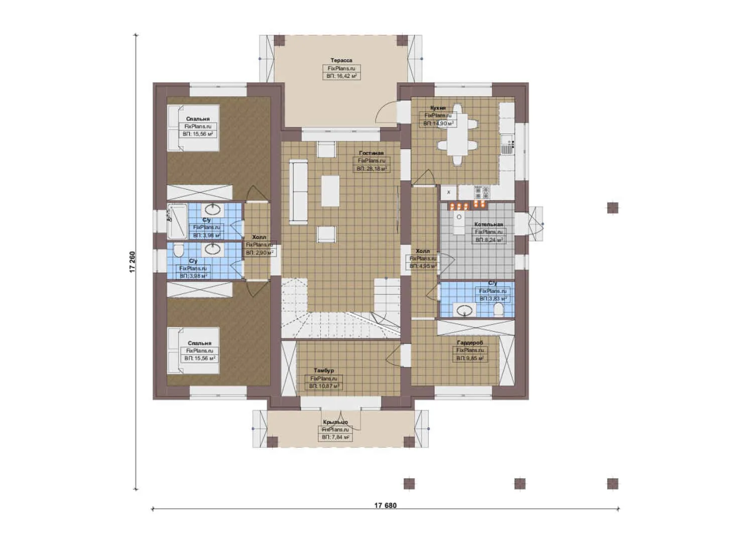 F-17063 - Планы двухэтажного дома 18 на 18, площадью 290 м² с террасой, балконом и 5 спальнями