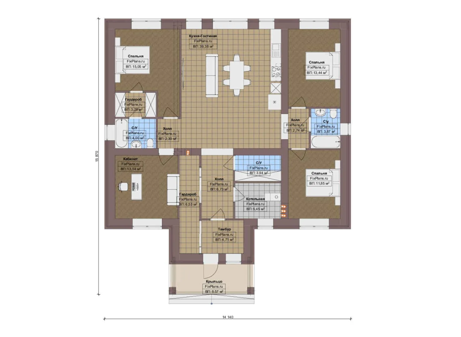 F-19097 - План одноэтажного дома 15 на 16, площадью 150 м² с 3 спальнями